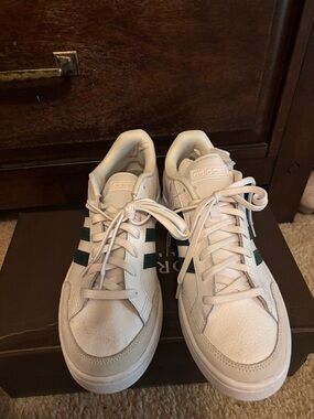 adidas White Low-Top Sneakers with Green Stripes